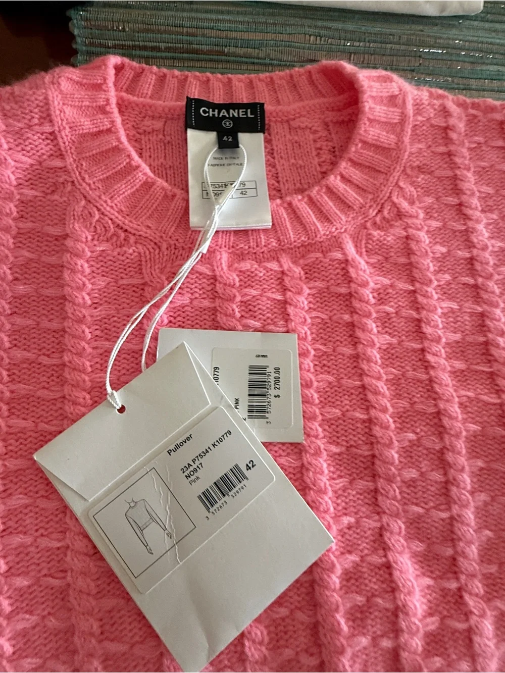 NEW CHANEL Barbie Pink Cable-Pattern Crewneck Sweater